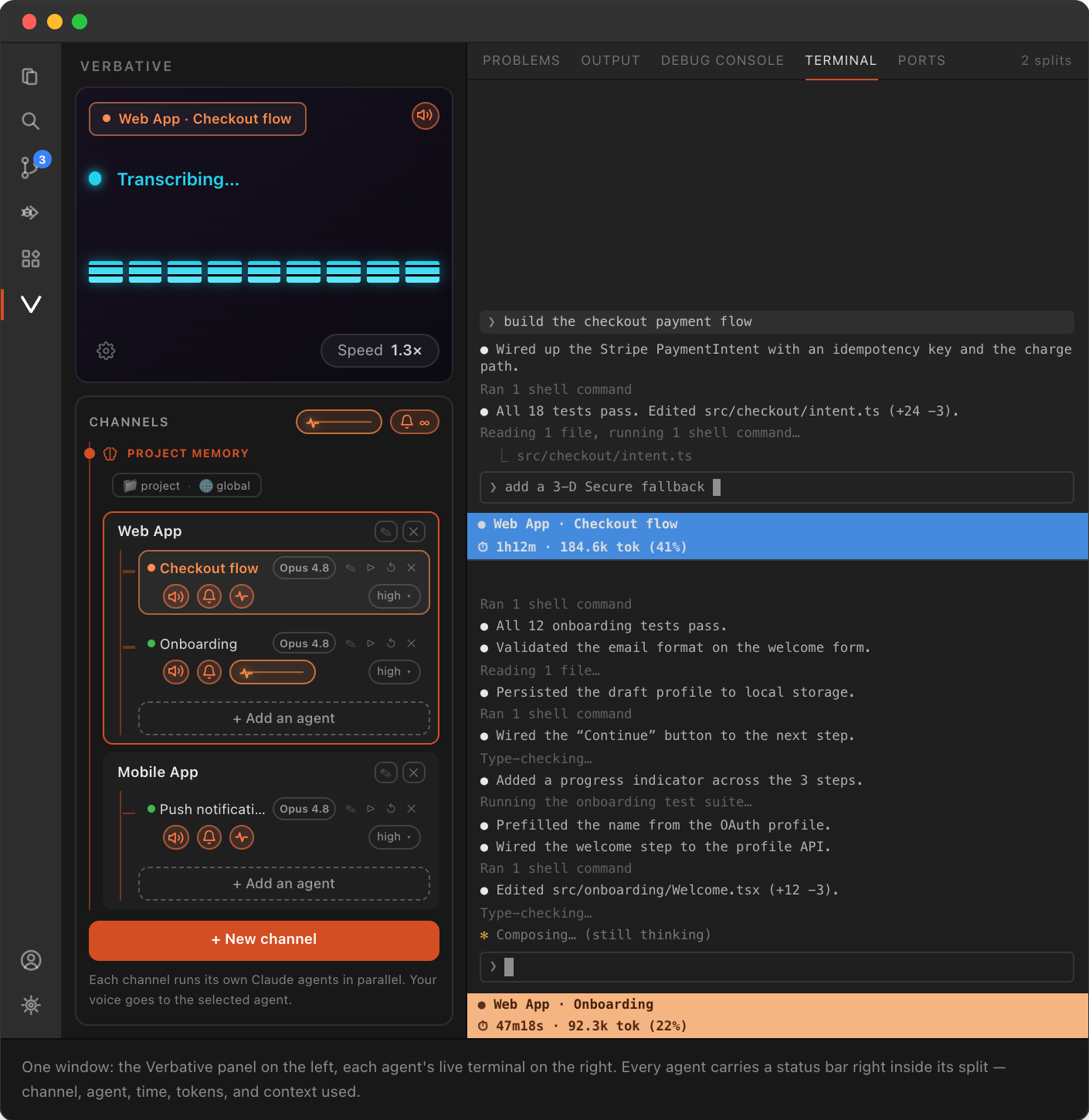 Verbative — voice control layer for the Claude Code CLI with wake word, on-device dictation, agent voice output, a fully-local memory engine, and parallel agent channels. Hands-free AI coding in VS Code