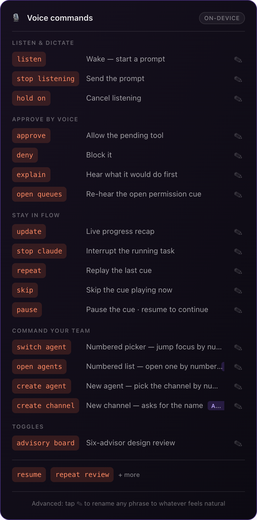 The spoken command vocabulary — listen, approve, deny, explain, update, stop claude, switch agent, and more; every phrase editable